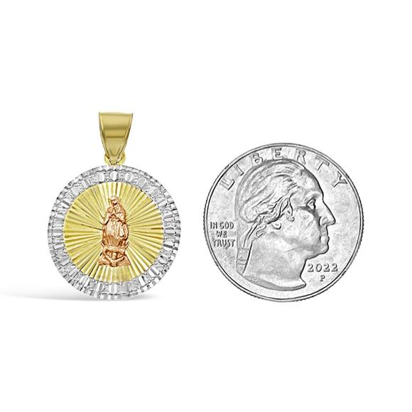 Real 14K Tri Color Gold Virgin Mary Round Pendant Religious Charm 1.1 inch - Picture 2 of 3